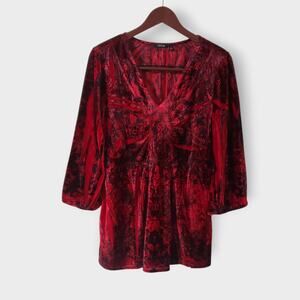 Red Dark Floral Burnout Velvet Babydoll Top Sz XL Whimsigoth Fairy Grunge Y2K